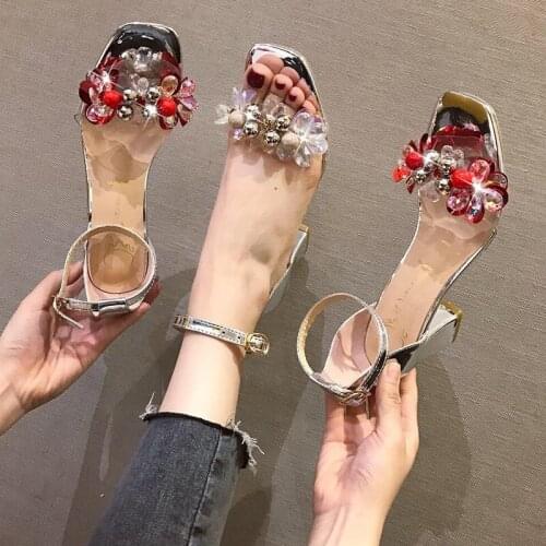 New summer one word buckle joker fashion transparent rhinestone thick heel Heel Korean high-heeled shoes