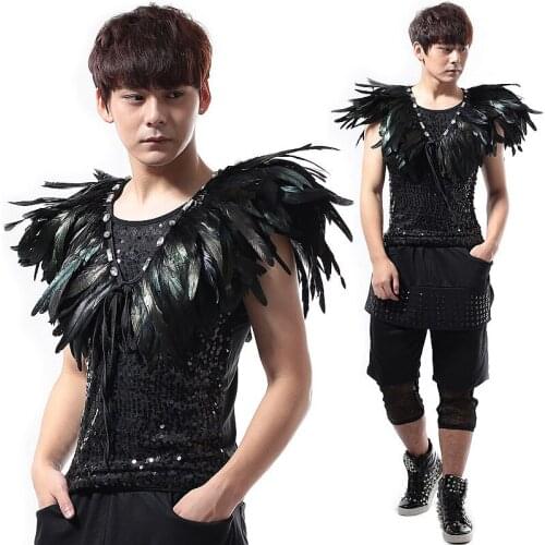 New Stage Costume NightClub Men Feather Costume Shoulder Rave Clothes GoGo Dance Costume Stage Clothes For Singers Men cape
