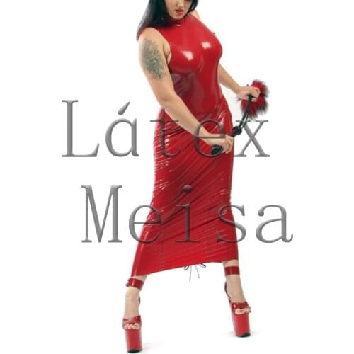 Solid red color latex dress Fetish womens latex dress long sleeveless with 100% handmade