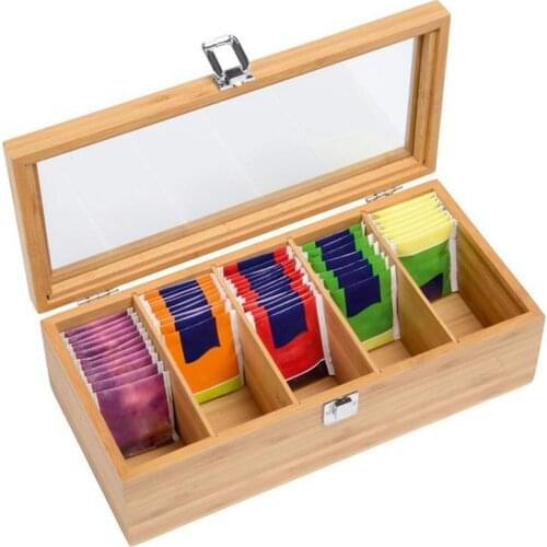 Tea Bag Jewelry Organizer Storage Box Bamboo System 5 Compartments Tea Box Organizer Wood Sugar Packet Container