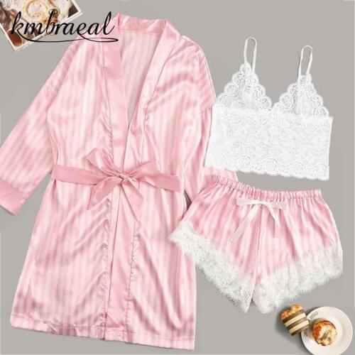 3piece Stripe Faux Silk Robe Pajamas Set Women Lace Satin Summer Sexy V-Neck Pyjama Sleepwear Home Nightdress Homewear plus size