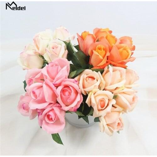 Meldel Bouquet Bridal Wedding Flower Mini Bouquet 6 Heads Silk Rose Artificial Flower Girl Fake Rose Wedding Home Party Decor