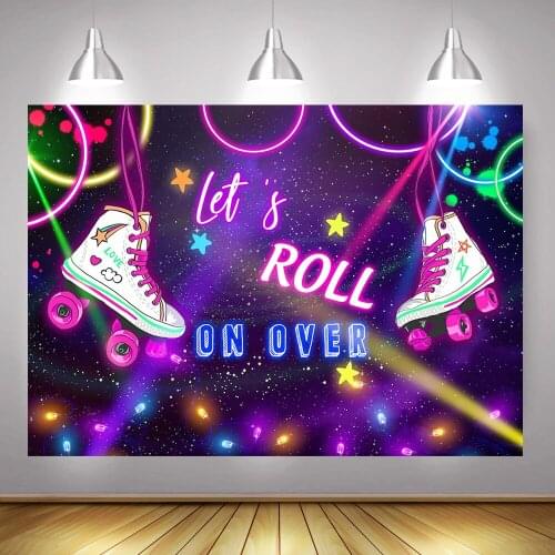Photography Backdrop Lets Roll on Over Glow Party Background Starry Sky Graffiti Photocall Roller Skates Neon Circle Photobooth