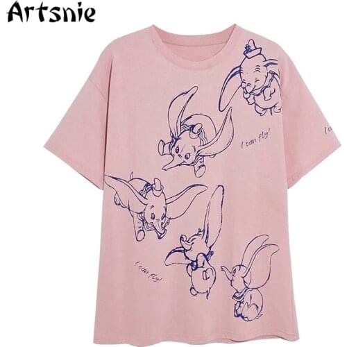 Artsnie Disney Cartoon Print T Shirt Women Summer Pink O Neck Dumbo Tops Female Streetwear Casual Oversized Knitted T-shirts