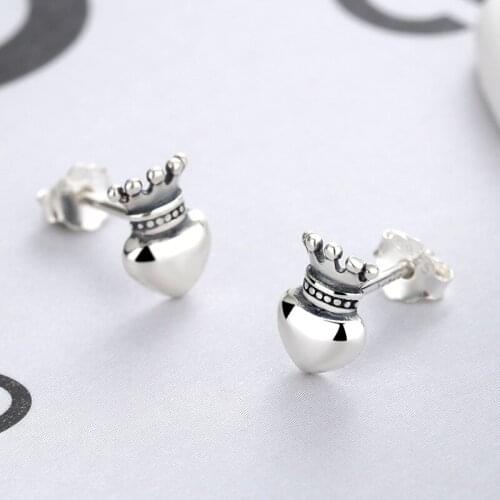 Womens Crown Heart-Shaped Ear Stud Female S925 Sterling Silver Cute Earrings Tiagin Made of Old Trendy Ladies Classic Earrings