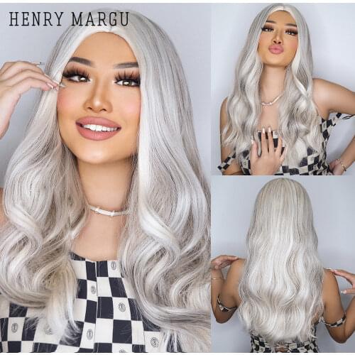 HENRY MARGU Long Wavy Platinum Blonde Ombre Synthetic Wigs Natural Wigs for Women Middle Part Cosplay Party Wigs Heat Resistant