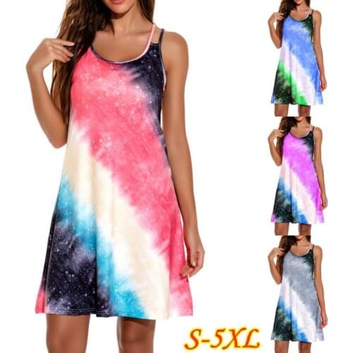 2020 New Summer Dress Lrage Size 5XL Sundress Sexy Sleeveless Loose A-line Dress Rainbow Print Casual Beach Mini Dress Vestidos