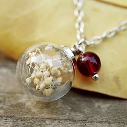 3PCS 16MM Gypsophila Necklace with Garnet Charm Plant Jewelry Romantic necklace gift for her