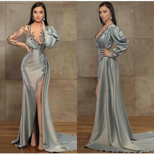 Sexy Evening Gowns With High Side Split Beaded Satin Long Sleeve Prom Dress Sweep Train Custom Made Illusion Robes De Soirée