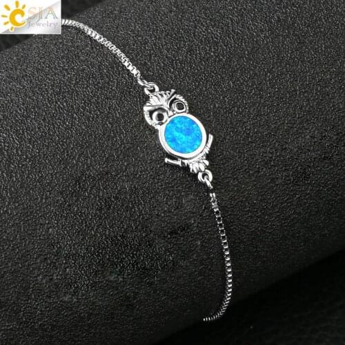 CSJA Blue Opal Link Bracelet Animal Owl Charms Adjustable Chain Silver-color Bangles for Women Girl Jewelry Gifts Christmas F067