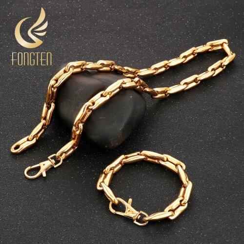 Fongten Special Link Chain Men Women Jewelry Set Shiny Punk Hip Hop Stainless Steel Polished Lovers Gift