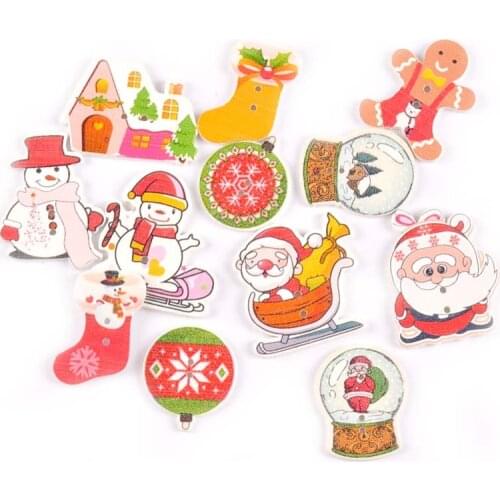 Wholesale 50PCS Mixed Christmas Decoration Crafts Paintting Wooden Buttons For Clothing Handmade Scrapbooking Decorative M1766