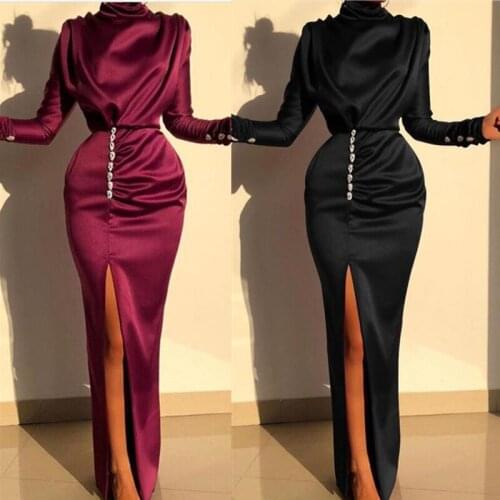 Women Sexy Splits Long Sleeve Maxi Dress Thigh Slit Evening Gown Dress Satin Evening Party Dresses BC270