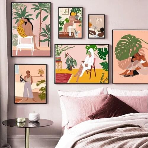 African Girl Tropical Style Illustration Wall Art Canvas Painting Nordic Posters and Prints Wall Pictures for Living Room Decor