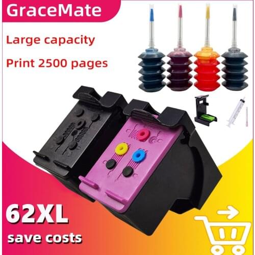 GraceMate 62XL Refilled Ink Cartridge Replacement for Hp 62 XL Hp62 Envy 5640 OfficeJet 200 5540 5740 5542 7640 Printers Refill