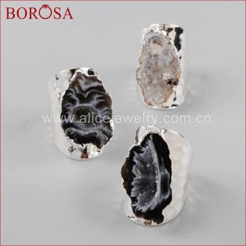 BOROSA New Druzy Silver Color Freeform Natural Stone Druzy Open Band Rings, Fashion Natural Gems Party Rings for Women Men S1388
