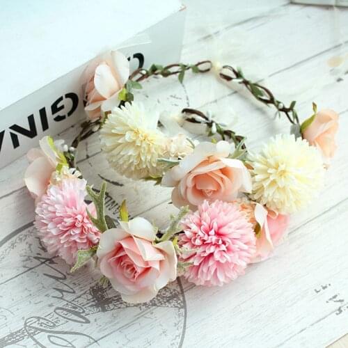Korean Garland Sweet Pink Flower Crown Mori Rose Rattan Bridal Head Wreath Women Hairband Tiara Beach Wedding Party Accessories