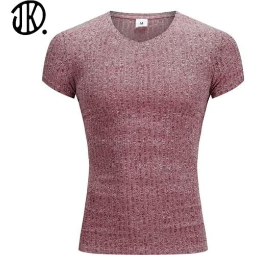 Men Gym T-shirt V Neck Short Sleeve Knitted Pullover Sport Slim Fit Tee Summer Male Bodybuilding Fitness Workout Comfort Clothes