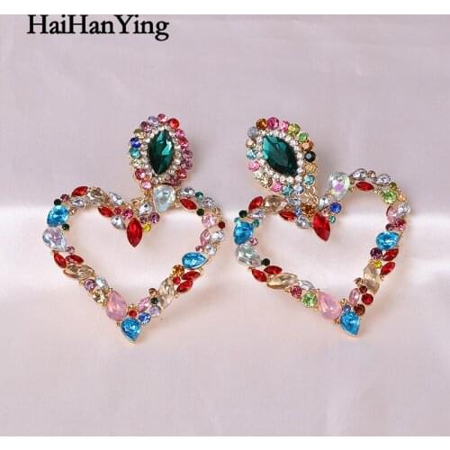 New Heart Shaped Rainbow Crystal Earrings Exaggerated Inlaid Rhinestone Dangle Big Earrings Bohemian Party Womens Jewelry