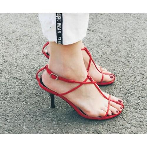 Hot Summer Woman Red Black White Solid Color 8 cm Heel PU Cheap High Quality High Heel Chic Ribbon Sandals Stiletto Heels Lady
