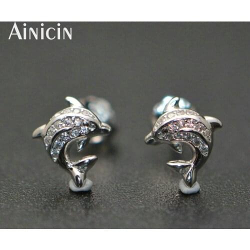 S925 Sterling Silver Lovely Dolphin With CZ Stone Setting Small Animal Stud Earrings 9~10mm Fashion Women Gift Jewelry 12pairs