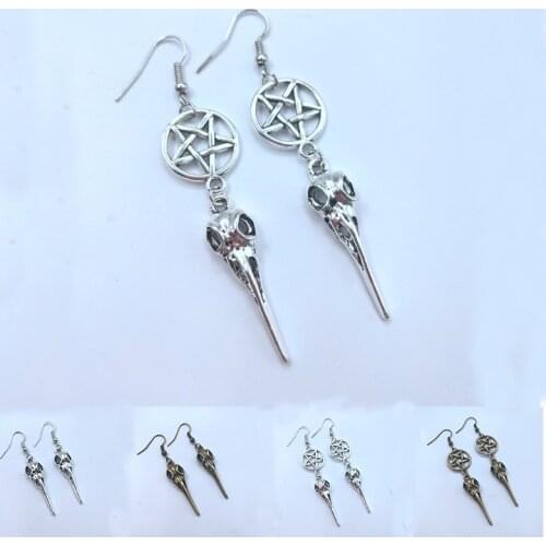 Bird skull earrings, gothic dangle long earrings, pentagram, raven skull earrings, halloween gift