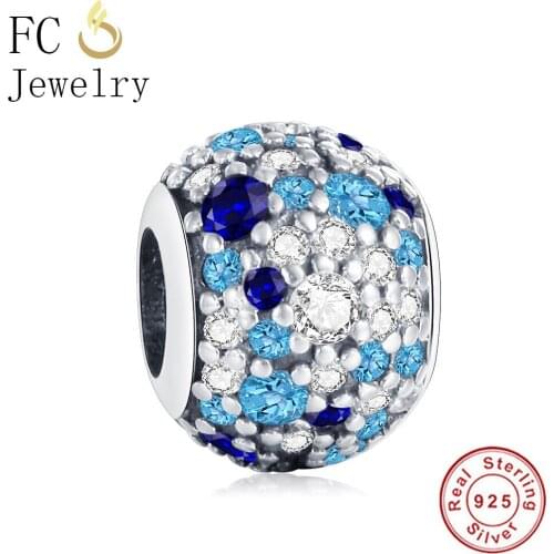 FC Jewelry Fit Original Brand Charm Bracelet 925 Sterling Silver Ocean Micro Pave Blue Zirconia Crystal Bead Berloque Luxury
