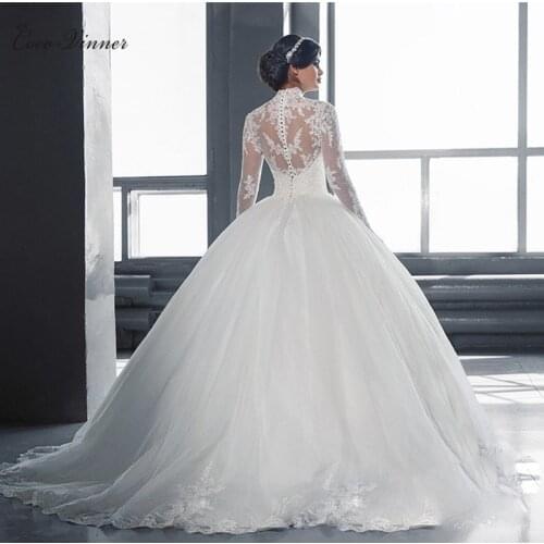 High Neck Vestido De Noiva IIIusion Back Long Sleeve Wedding Dress 2021 Custom made Lace Applique Ball Gown Wedding Dress W0019