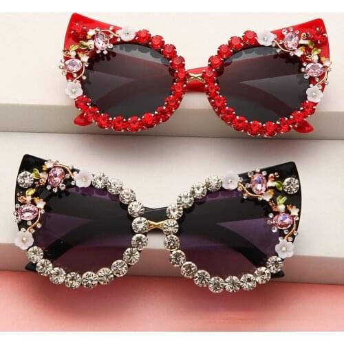 Luxury Design Fashion Cat Eye Sunglasses Flowers Bling Rhinestone Sun Glasses Pink Shades for Women Party Holiday Eyeglasses