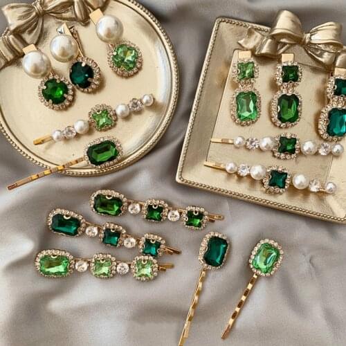 1PCS Korea Vintage Emerald Hairpins Geometrical Rhinestones Hair Clips For Women Girls Hair Accessories Barrette 2020 New