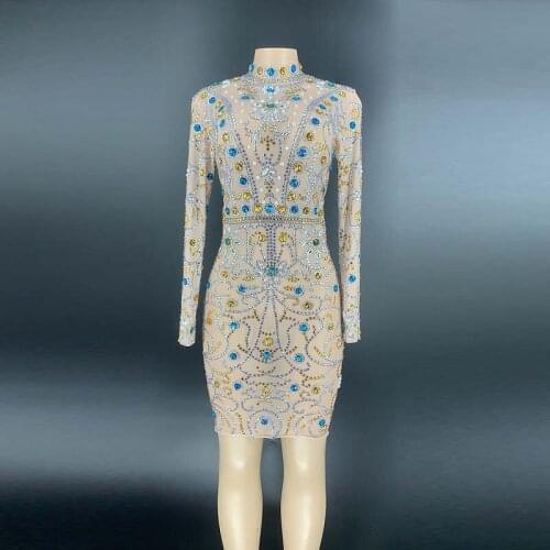 2020 New Spring Sparkly Rhinestones Transparent Dress Birthday Celebrate Outfit Stage Prom Dress Women Dance Show Dress