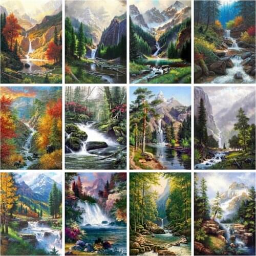 Huacan Diamond Painting Mosaic Waterfall Mountain Scenery Full Square/round Diamond Embroidery Natural Landscape Home Decor