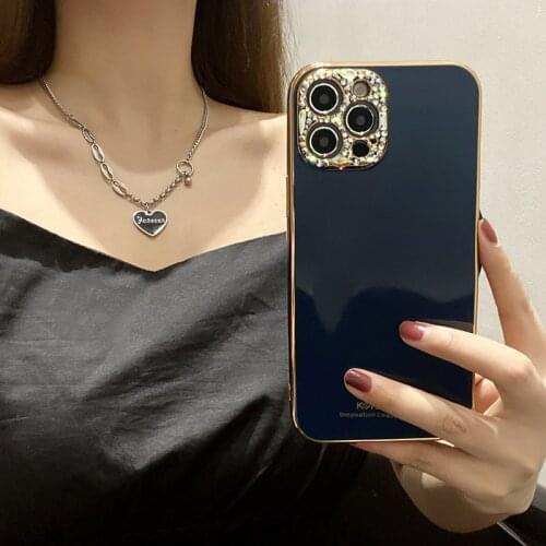 Dark Blue Diamond Camera Lens Protection Case For iPhone 12 11 Pro Max X XR XS 7 8 Plus 12Mini Case Luxury Glitter Gold Plating