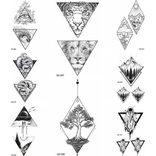 Black Triangle Temporary Tattoo Waves Men Arm Stickers Fake Geometric Pine Tree Tatoo Lion Women Neck Hill Waterproof Tattoo Eye