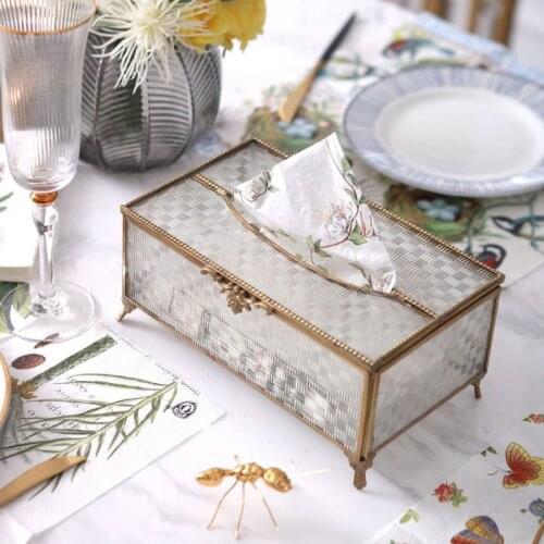European Carved Embossed Glass Brass Edging Craft Luxury Tissue Box Table Decorative Ornament Accessories Ornaments Furnishing