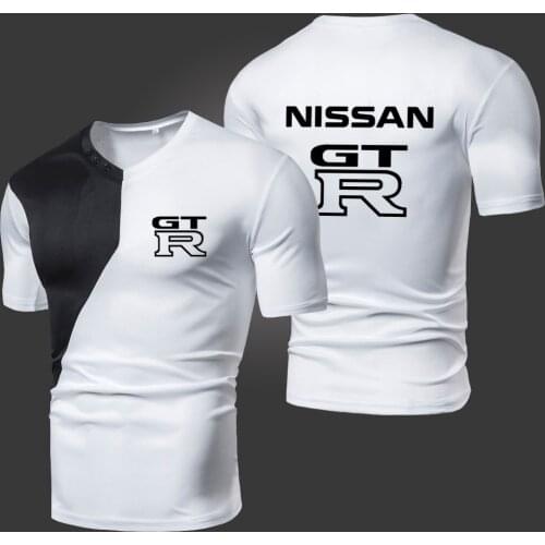 Summer New Nissan Gtr Mens T-Shirts Solid Color Splicing Casual Breathable Sports Slim Fitting Short Sleeve V-Neck Spotswear