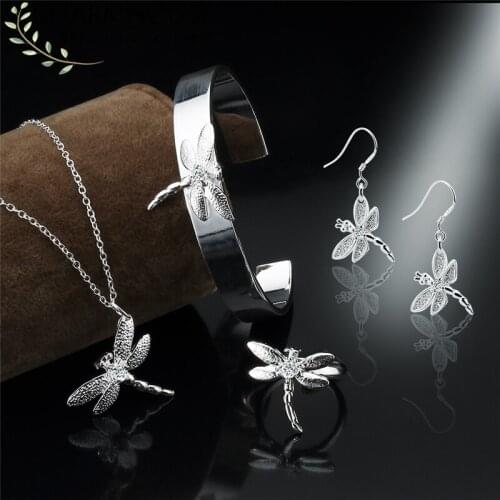 Charmhouse Pure Silver Jewellery Sets For Women Dragonfly Earrings Necklace Bangle Ring 4pcs Wedding Jewelry Accessory Bijoux
