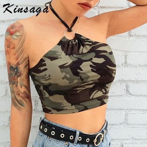 Camouflage Halter Cotton Tank Top Women Sexy Crop Top Streetwear Sleeveless Backless Ring Brattle Summer Casual Camisole 90s