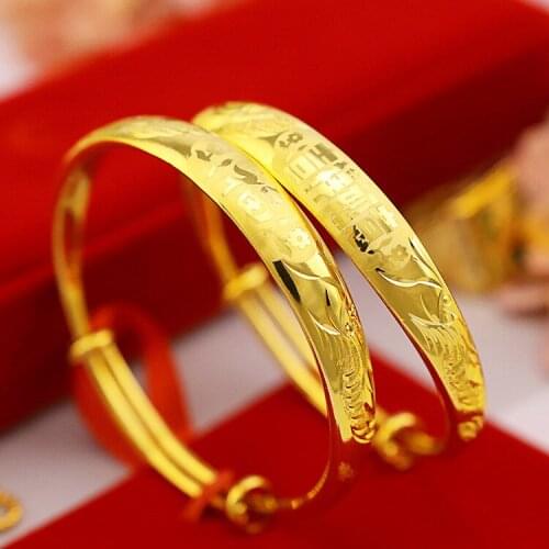 Fashion 14k Gold Womens Wedding Engagement Bangles Printed Slidable Gold Bracelet Heart Lucky Words Bracelet Jewelry Gifts