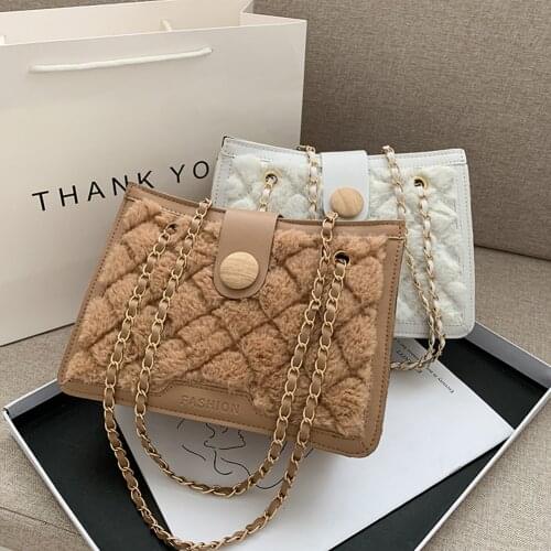Fashion Lattice Pattern PU Leather Plush Crossbody Handbags Women Casual Solid Color Chain Travel Street Shoulder Underarm Bag