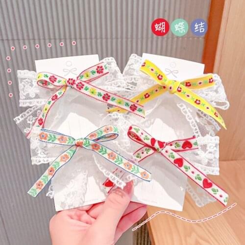 HigoodThe new lace bowknot hairpin duck mouth sweet cloth art bang clip to girls tire national oyster card tire female