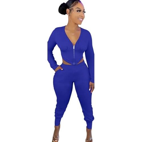 Athleisure Suit Womens Clothes Zipper Front Full Sleeve Crop Jackets and Side Pockets Jogger Sweatpant Loungewear Matching Set