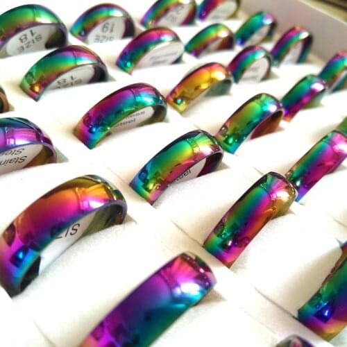 Wholesale Bulk lots 100PCS Colorful Men Women 6mm Charm Rings Stainless steel Band Party Rings Rasale Jewelry Gift Favor