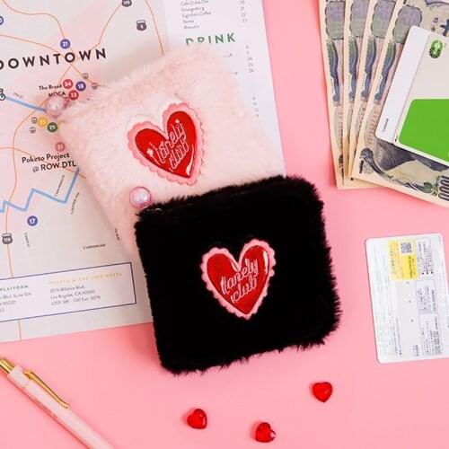 Plush Love Square Wallet Laser Wallet Ins Wind Ladies Coin Purse Wallet Card Case Photo Case Black Pink Cute Girls Plush Purse
