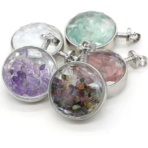 Natural Rose Quartzs Tourmaline Crushed Stone Pendant Metal Alloy Round Stone Charms for DIY Jewelry Making Necklace 30x42mm