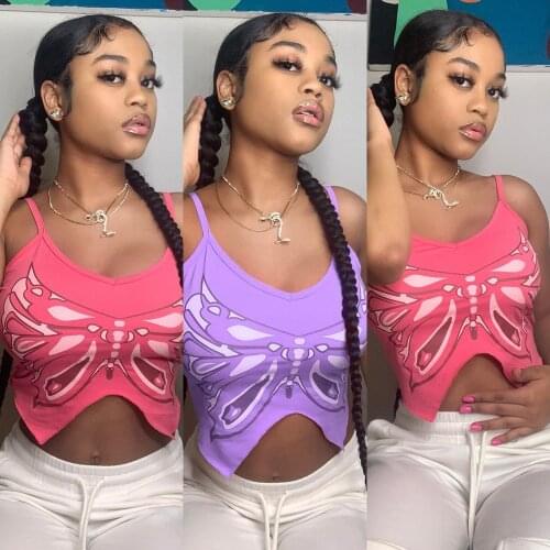 Prowow Fashion Women Tanks Tops 2021 New Summer Butterfly Print Top Camis Clothes for Woman Casual Female Streetwear Outfits