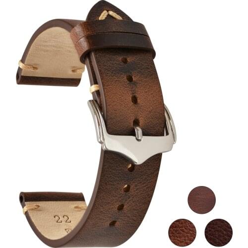 BEAFIRY Watch Band 22mm 20mm 19mm 18mm Oil wax Leather Strap Watchband for Men Women compatible with fossil huawei seiko Brown