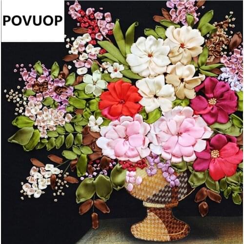 POVUOP Three-dimensional ribbon embroidery 55X55cm paintings blooping 3d rich print cross stitch unique