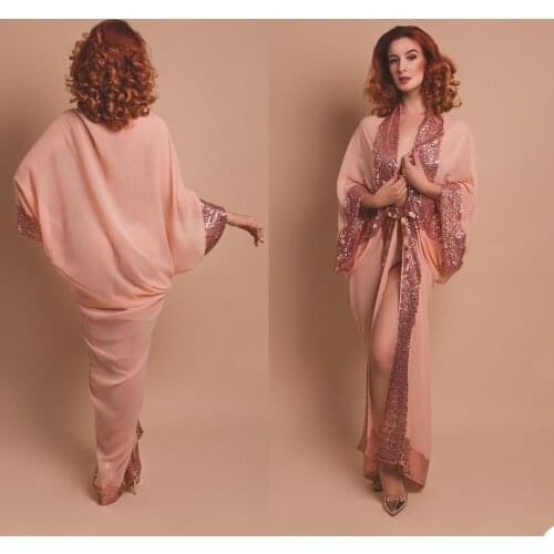 Unique Womens Bridal Gowns Long SLeeve Sexy High Split Sequin Bathrobe Lingerie Nightgown Pajamas Sleepwear Custom Made Housec