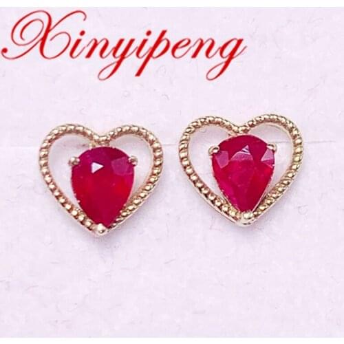Xin Yipeng Real 18K Yellow Gold Inlaid Natural Ruby Earrings Fine Gemstone Jewelry Valentines day Wedding Gift for Women